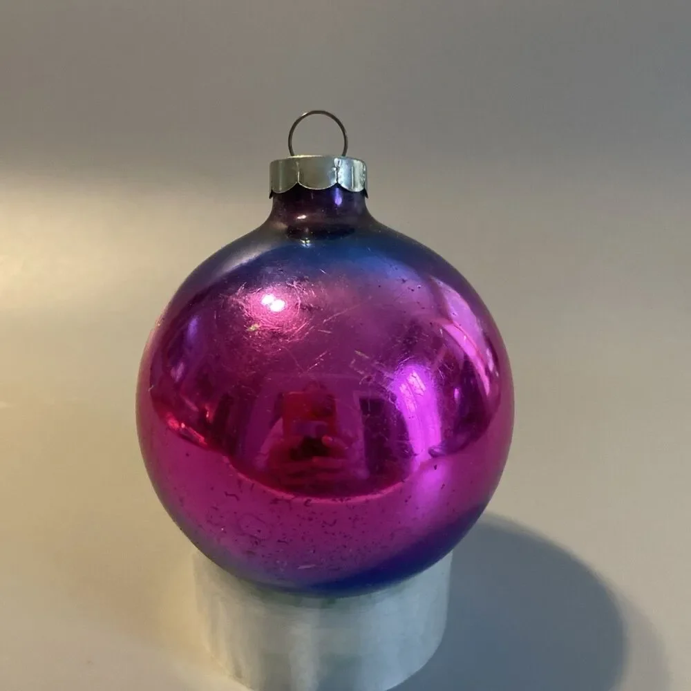 Vintage Christmas Ombre Glass Ornament Hand Made In USA 8.25” Blue Pink Fade
